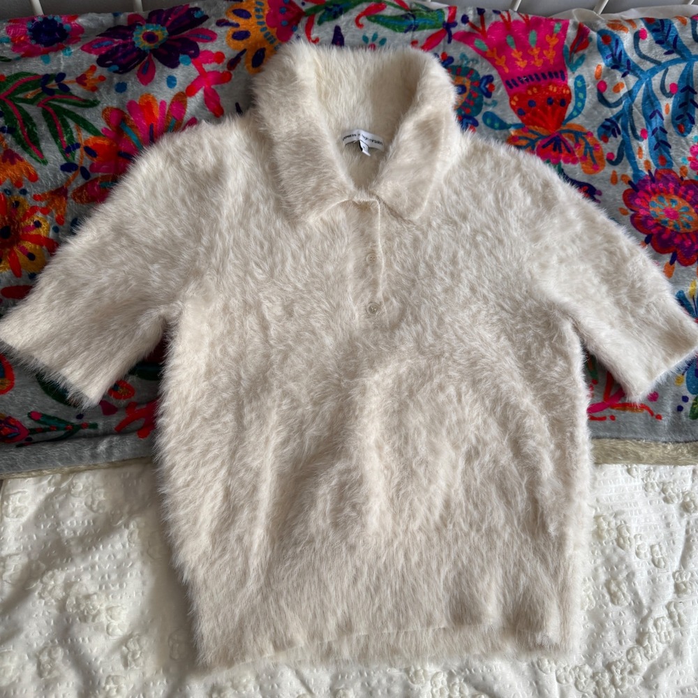Express x Negin Mirsalehi Cream Fuzzy Eyelash Knit Short Sleeve Polo Sweater XS